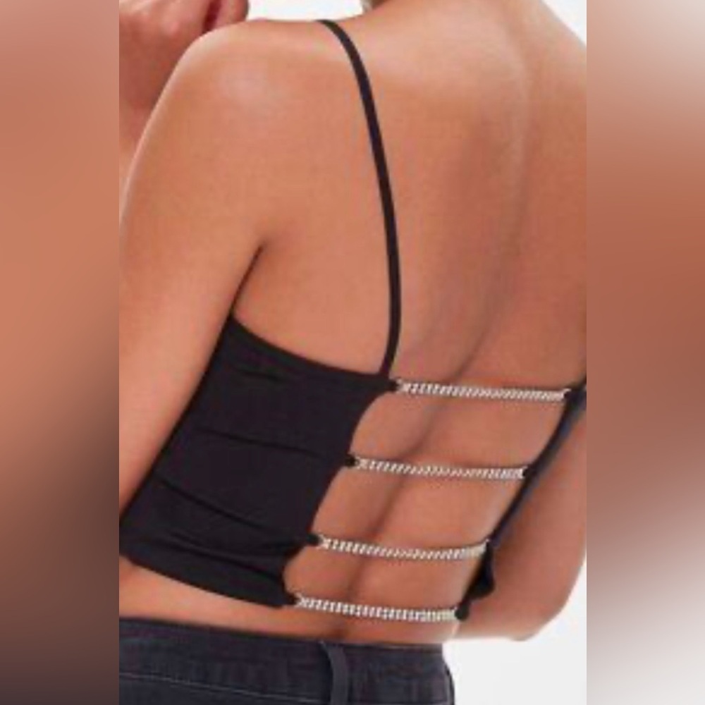 Garage Black Strappy Back Crop Top with Rhinestone Chains